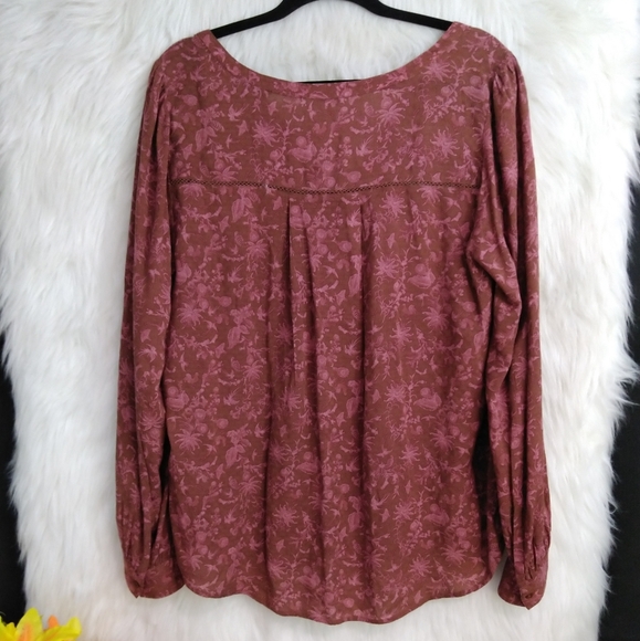 Hinge Brown and Pink Floral Pattern V Neck Long Sleeve Blouse Size 1 - Picture 9 of 10